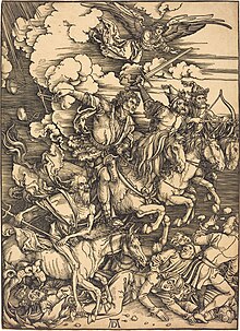 The Four Horsemen c. 1496-98 by Albrecht Durer, depicting the Four Horsemen of the Apocalypse Albrecht Durer, The Four Horsemen, probably c. 1496-1498, NGA 57123.jpg