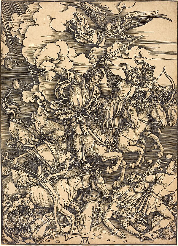 The Four Horsemen c. 1496–98 by Albrecht Dürer, depicting the Four Horsemen of the Apocalypse