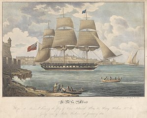 Alfred leaving Malta Harbour 12 January 1833 Alfred (1811) - going out of Malta Harbour 12th January 1833 RMG PY0807.jpg