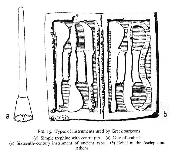 A number of ancient Greek surgical tools. On the left is a trephine; on the right, a set of scalpels. Hippocratic medicine made good use of these tool