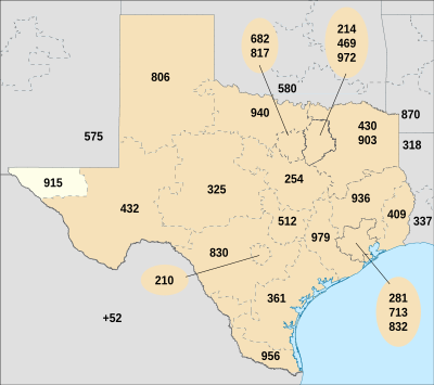 Mapo de Teksaso en blua (kun limkodoj) kaj regiona kodo 915 en redŭakiton