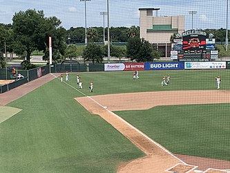 DeLand Suns players warming up before a game against the Leesburg Lightning. June 8, 2019. Baseball warm up 2019.jpg