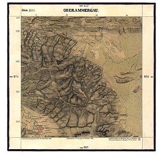 landscape of Oberammergau, old map (Blatt 835, am oberen Kartenrand über dem Murnauer Moos)
