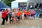 Deutsch: Beachhandball Europameisterschaften 2019 (Beach handball Euro); Tag 5: 6. Juli 2019 – Frauen, Halbfinale, Ungarn-Niederlande 2:0 (19:16, 15:12) English: Beach handball Euro; Day 5: 6 July 2019 – Semifinal Women – Hungary-Netherlands 2:0 (19:16, 15:12)