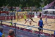 Deutsch: Beachhandball bei den Olympischen Jugendspielen 2018; Tag 4, 10. Oktober 2018; Jungs, Vorrunde, Gruppe A - Spanien-Venezuela 2:0 English: Beach handball at the 2018 Summer Youth Olympics at 10 October 2018 – Boys Preliminary Round Group A – Spain-Venezuela 2:0