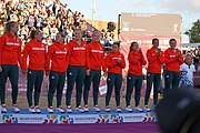 Deutsch: Beachhandball bei den Olympischen Jugendspielen 2018 in Buenos Aires; Tag 7, 13. Oktober 2018; Medaillenzeremonie Mädchen - Gold: Argentinien, Silber: Kroatien, Bronze: Ungarn English: Beach handball at the 2018 Summer Youth Olympics in Buenos Aires at 13 October 2018 – Medal Ceremony Girls - Gold: Argentina, Silver: Croatia, Bronze: Hungary Español: Handball de playa en los Juegos Olimpicos de la Juventud Buenos Aires 2018 en 13 de octubre de 2018 – Medalla Ceremonia para niñas - Oro: Argentina, Plata: Croacia, Bronce: Hungría