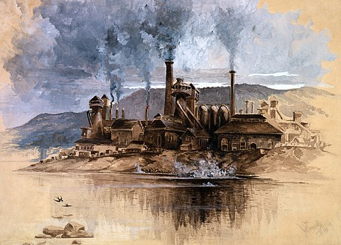 Bethlehem Steel Works, a watercolor by Joseph Pennell, depicting Bethlehem Iron Company, May 1881