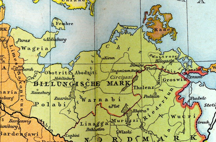 A map of the Billung March showing the location of the Warnabi. Billunger Mark 1000.PNG