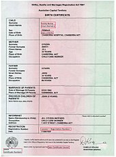 An Australian Capital Territory birth certificate Birth certificate - Australian Capital Territory.jpg
