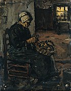 Peasant Woman Peeling Potatoes label QS:Len,"Peasant Woman Peeling Potatoes" label QS:Lpl,"Wieśniaczka obierająca ziemniaki" label QS:Lnl,"Boerenvrouw aardappels schillend" 1875-1922. oil on panelmedium QS:P186,Q296955;P186,Q106857709,P518,Q861259. 26.2 × 21 cm (10.3 × 8.2 in). Amsterdam, Rijksmuseum Amsterdam.