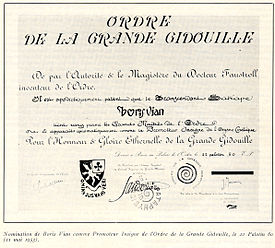 Título de Promotor Insigne de la Orden de la Gran Gidouille, expedido a Boris Vian el 22 de Palotin de 80 (11 de mayo de 1953).