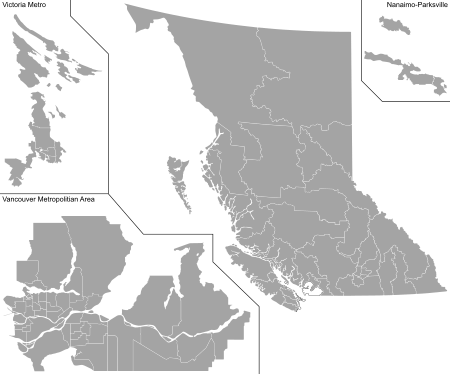 Map of the 87 current provincial electoral districts used in the 2020 British Columbia general election British Columbia Provincial Ridings Map - Blank (2017 - present).svg