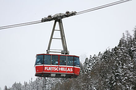 Aerial tramway in Engadin, Switzerland, suspended on two track cables with an additional haulage rope