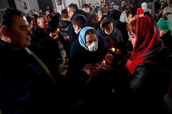 Candlelight ceremony during Easter service in the Orthodox Holy Assumption Cathedral in Vitebsk during the COVID-19 pandemic