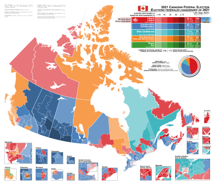 Map showing results by riding Canada Election 2021 Results Map.svg