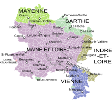 Kaart van de voormalige provincie Anjou en de huidige departementen en gemeenten.
