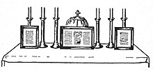 The three altar cards arranged on an altar for use. Catholic Picture Dictionary (Pfeiffer) - Altar cards.jpg