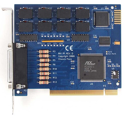 Example of a PCI digital I/O expansion card using a large square chip from PLX Technology to handle the PCI bus interface