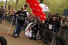 Claire Lomas crossing the finish line Claire Lomas crossing the finish line during her 2012 Virgin London Marathon walk.JPG