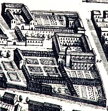The western side of the medieval "consortium" of the Roero as it appeared in the 17th century. Together with the eastern block including the houses of the Cortanze, it formed the southern axis of the Contrada Rotaria. One can identify, at the northern vertex, the Palaces of the Roero of Poirino, of the Roero of Calosso, in the center the Convent of the "Teresian" Carmelites (which would later become the Roero and Tomatis Palace of Chiusavecchia), with the related "cultivations," and to the south the ancient church with the facade still facing east Convento Carmelitani Roero.jpg
