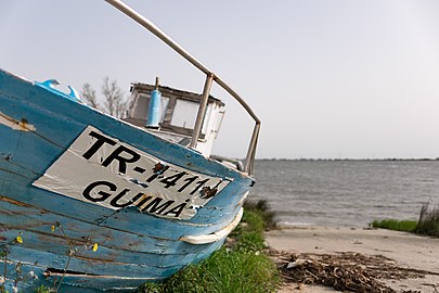 Derelict fishing boat on a dry dock, Alhandra, Portugal