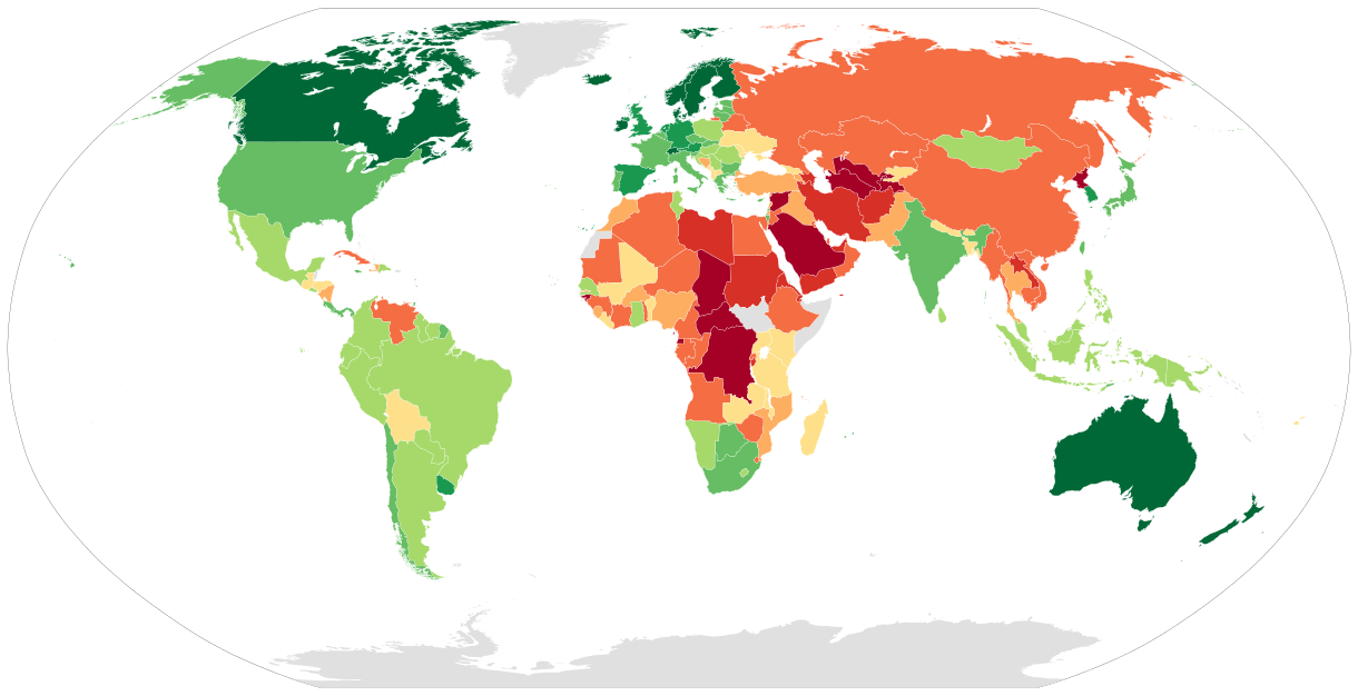 Indeks Demokrasi oleh Economist Intelligence Unit, 2017.[31]       Demokrasi penuh   9–10   8–9     Demokrasi separuh   7–8   6–7     Rezim campuran   5–6   4–5     Rezim otoriter   3–4   2–3   0–2