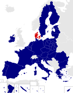 Map of the European Parliament constituencies with Denmark highlighted in red