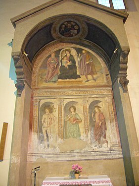 Lynettfresken Jungfrun med Barnet och helgon, attribuerad åt Antoniazzo Romano.