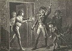 An 1875 print depicting Ethan Allen demanding the fort