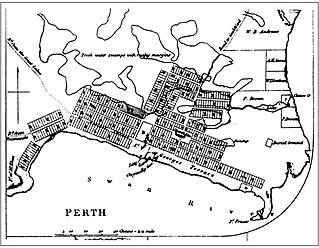 The 1833 'Arrowsmith' town plan of Perth, showing the orientation of the town lots north of the square Expanded Town plan for Perth, completed by John Septimus Roe in 1833.jpg