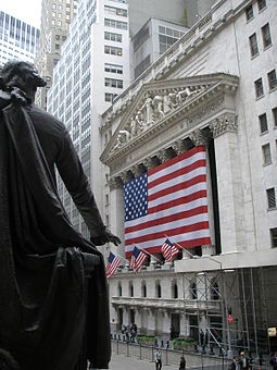 The statue of Washington outside Federal Hall in New York City, looking on Wall Street.
