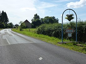 Fligny (Ardennes) city limit sign.JPG