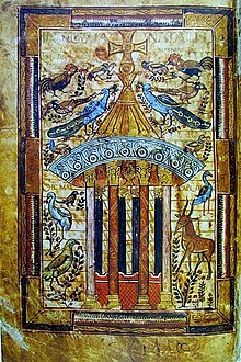 Godescalc Evangelistary, commemorating the Baptism of Charlemagne's son in Rome in 781 with an image of the Fountain of Life. Fountain.Of.Life.Godescalc.jpg