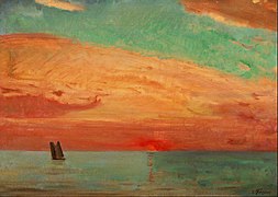 Peinture d'un paysage de mer, montrant un bateau à voiles sous un ciel bicolore.