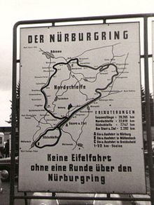   Nürburgring circuit map, taken at the 1964 German Grand Prix; the legend advises "No driving in the Eifel (mountains) without a lap on the Nürburgring".