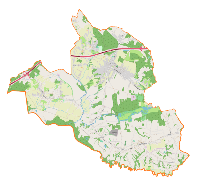 Mapa konturowa gminy Godów, na dole znajduje się punkt z opisem „Kościół św. Józefa Robotnika w Godowie”