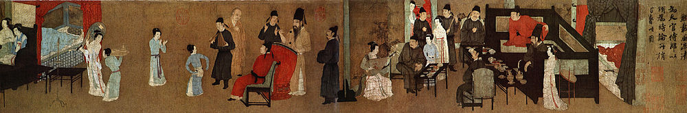 Del av 1100-talsversionen (från De fem dynastierna och De tio rikenas tid) av den kinesiske konstnären Gu Hongzhongs originalverk Night Revels of Han Xizai. Här finns det kinesiska samhällets rollfördelning väl avbildad.