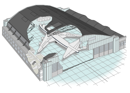 A cutaway diagram of a hangar
