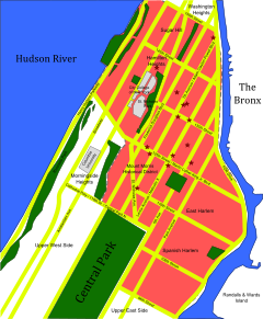 A map of Upper Manhattan, with Greater Harlem highlighted. Harlem proper is the neighborhood in the center. Harlem map2.svg