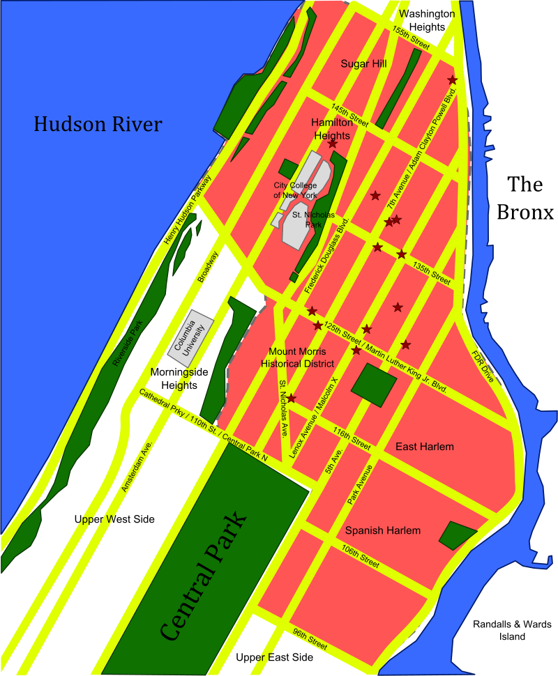 A map of Upper Manhattan with pink sections for Harlem