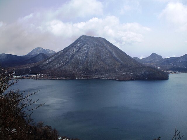 Inside of Haruna Caldera with Haruna-Fuji cinder cone and Lake Haruna.