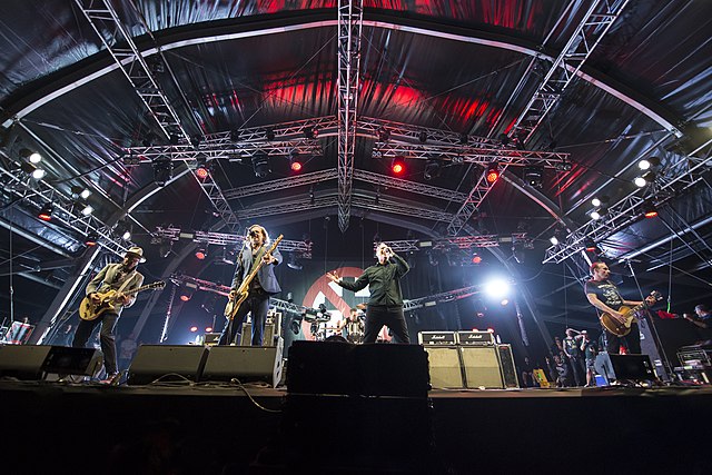 Bad Religion performing at Hellfest in 2018. From left: Dimkich, Bentley, Miller, Graffin, and Baker.