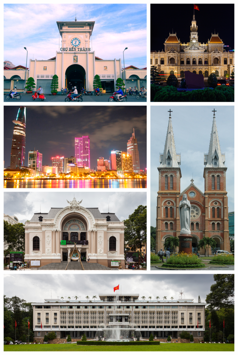Clockwise, from left to right:Bến Thành Market, Ho Chi Minh City Hall, District 1 view from Saigon river, Municipal Theatre, Notre-Dame Cathedral Basilica of Saigon, Independence Palace