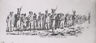 A "chain gang" in Hobart, c. 1831 Hobart Town chain gang.tif