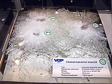 Ballistic test of a bullet-resistant glass panel IDET2007 bulletproof glass armor.jpg