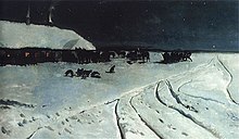 Noc na Ukrainie
(Ukraine by Night) - a picture presenting a specific atmosphere of winter night in 19th-century Ukraine by Jozef Chelmonski, 1877 oil on canvas, 69 x 129 cm (National Museum in Warsaw, Poland) Jozef Chelmonski. Noc na Ukrainie.1877.jpg