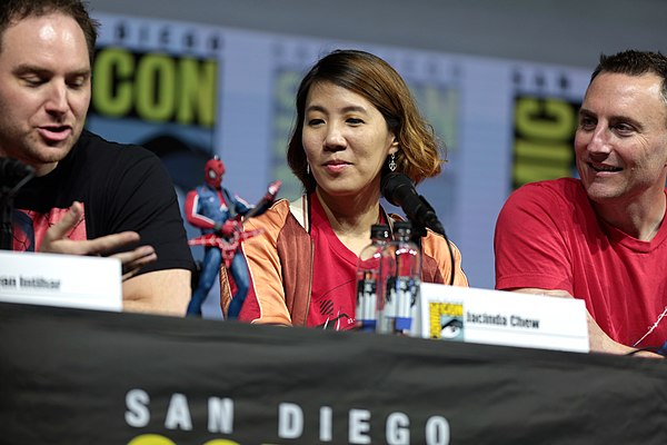 Creative director Bryan Intihar (left), art director Jacinda Chew (middle), and lead writer Jon Paquette speaking about the game at the 2018 San Diego