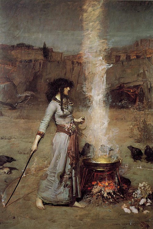 The Magic Circle, by John William Waterhouse (1886), portrays a woman using a wand to create a ritual space
