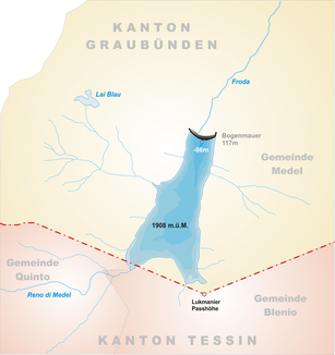 Grenzverlauf im Bereich der Kantonsgrenze. Der Rein da Medel ist im Mittellauf mit dem lokalen Toponym Froda bezeichnet.