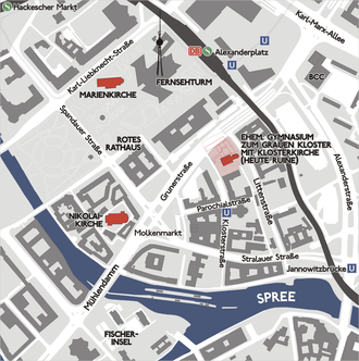 Location of the former Franciscan monastery and the Marienkirche and Nikolaikirche churches in Berlin Karte berlin graueskloster.png